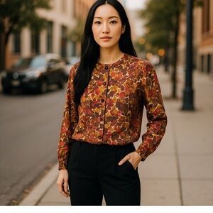 Floral Vintage  Button-Up Blouse - Multicolor